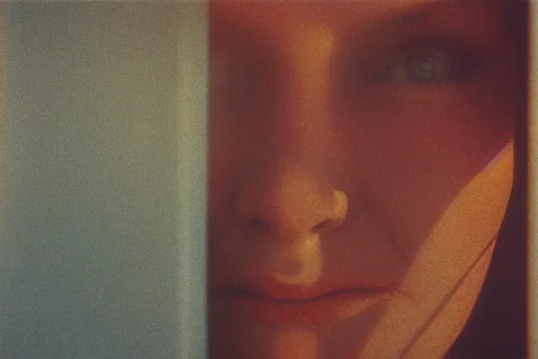 Image similar to close-up color film photography 1970s, Woman\'s portrait with the shadow of the blinds on her face, soft focus, golden hour, soft light, 35mm, film photo, Joel Meyerowitz