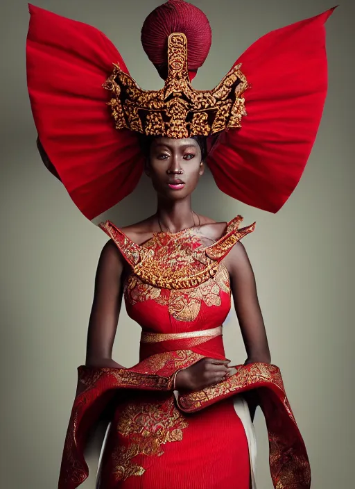 Prompt: portrait of attractive dark - skinned tanzanian woman wearing regal japanese ceremonial attire, red dress, intricate details, ultra - realistic, studio lighting, contrasting background, editorial photography by alex james, texture by greg rutkowski