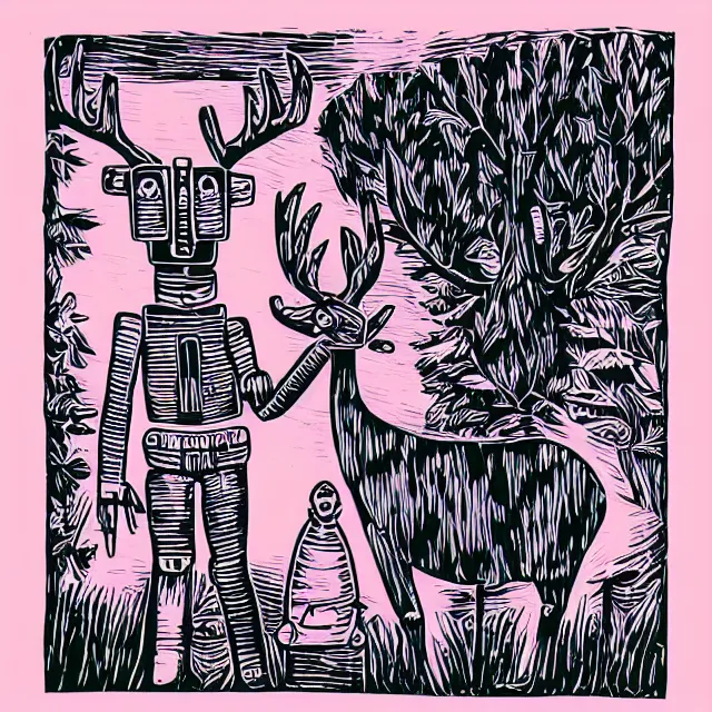 Image similar to linocut of a robot and a deer. pink, black and white color pallette.