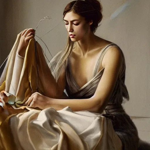 Image similar to Absolutely gorgeous greek goddess of fashion, she is sewing the most beautiful dress the olympian gods have ever seen, cinematic lighting, high quality 8k hd, oil on canvas, hyperralistic art