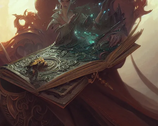 Image similar to close up of a dusty spell book, deep focus, d & d, fantasy, intricate, elegant, highly detailed, digital painting, artstation, concept art, matte, sharp focus, illustration, hearthstone, art by artgerm and greg rutkowski and alphonse mucha