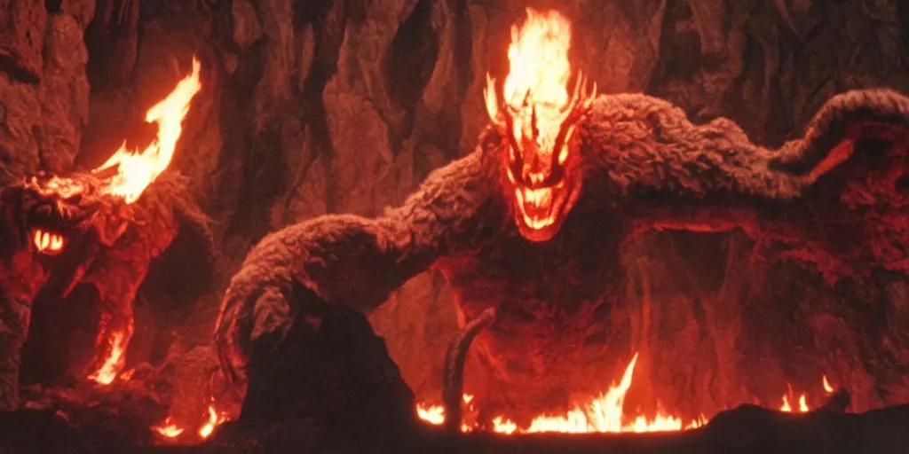 Image similar to A full color still from a Stanley Kubrick film featuring a Balrog made of flames in the fancy mines Moria, practical effects, 35mm, 1975