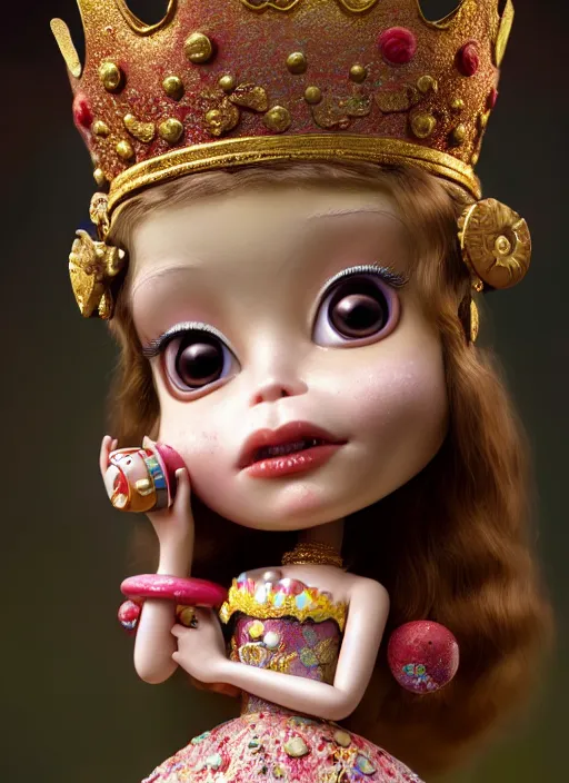 Image similar to highly detailed closeup, face profile portrait of a tin toy fairytale princess wearing a crown eating cakes, bikini, unreal engine, nicoletta ceccoli, mark ryden, earl norem, lostfish, global illumination, detailed and intricate environment