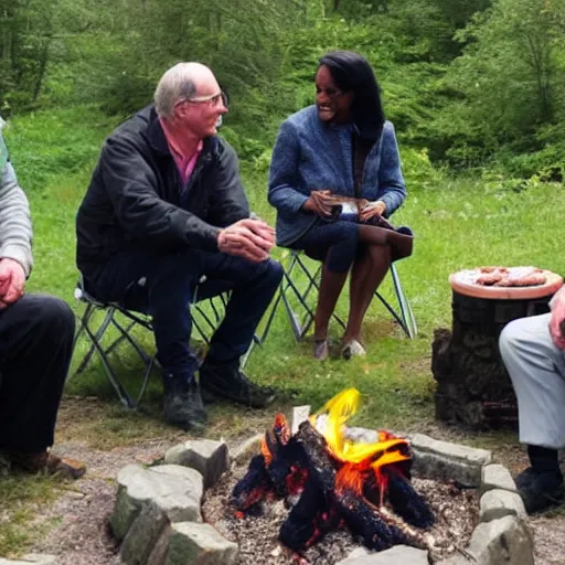 Image similar to camping in Wales with Richard Cheney and Condoleezza Rice. Condoleezza is burning the sausages on the camping stove