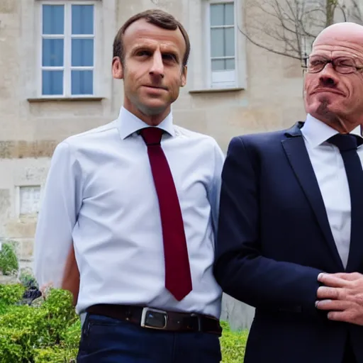 Prompt: Emmanuel macron posing with Walter white, 50mm F1/4