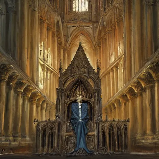 Prompt: Human skeleton king resting on his throne inside a cathedral, oil painting, by Fernanda Suarez and Greg Rutkowski