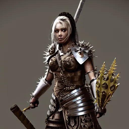 Image similar to female warrior with spiky armour holding a mace, highly detailed, dramatic lighting, cinematic, 4k