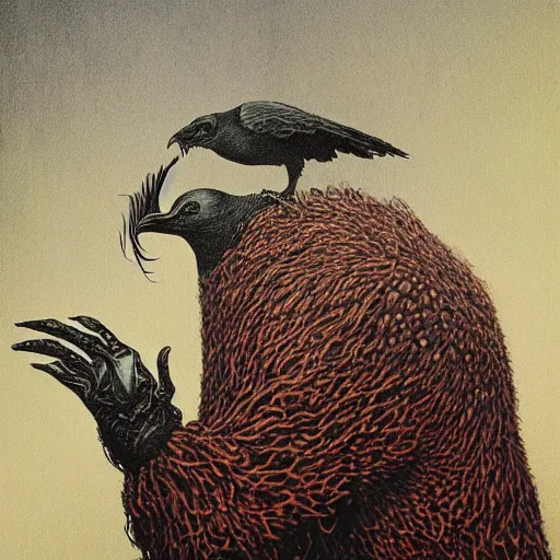 Prompt: artistic drawing of a surreal crow, made of engrenage by gerald brom and zdzisław beksinski, visionary, detailed, realistic, surreality