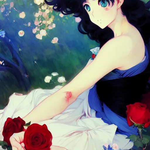 Image similar to beautiful rose anime blue - hair girl in elegent black dress, laying on roses, krenz cushart, mucha, ghibli, by joaquin sorolla rhads leyendecker, by ohara koson