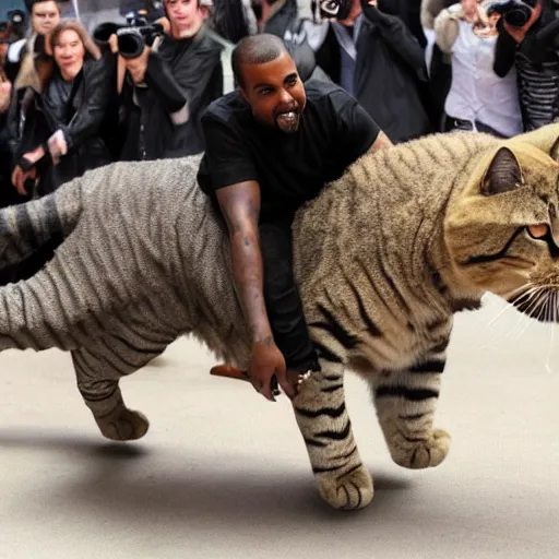 Image similar to Kanye West riding a giant cat