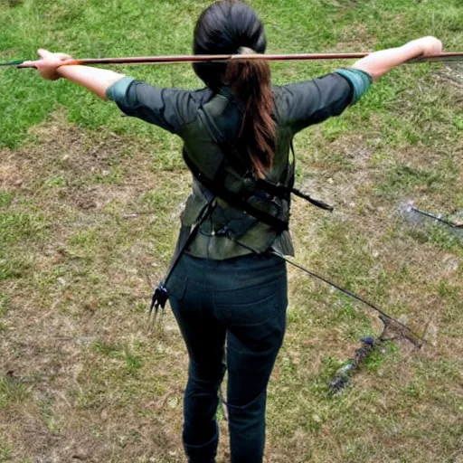 Prompt: Katniss action pose, view from behind looking over shoulder, quiver on back, firing an arrow, comic book cover style