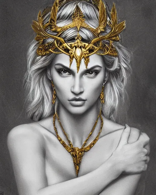 Image similar to tattoo design sketch of hot blonde super model as aphrodite greek goddess wearing a gold laurel wreath and triangle earrings, beautiful piercing gaze with sharp pupils, in the style of greg rutkowski, fantasy, amazing detail, epic, elegant, smooth, sharp focus, front view