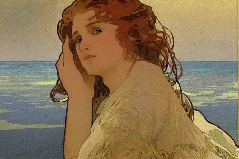 Image similar to a matte painting of a man watching the sunset by the beach, by alphonse mucha, muted colors