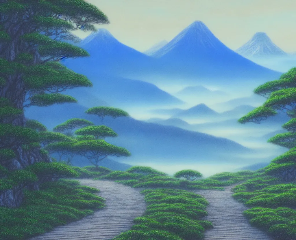 Image similar to a landscape pastel in the style of noriyoshi ohrai of a blue reflective path to some misty mountains in the background. along the path stands pillars that reflect in the water. key art. 4 k fantasy