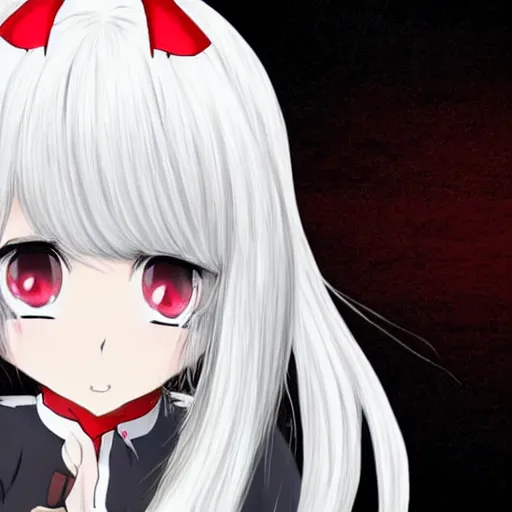 Image similar to white hair, red eyes, two small horn on the head, anime style, anime girl,