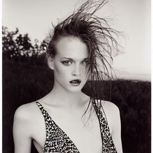 Image similar to a beautiful professional photograph by herb ritts and ellen von unwerth for vogue magazine of a beautiful lightly freckled and unusually attractive female fashion model looking at the camera in a flirtatious way, zeiss 5 0 mm f 1. 8 lens