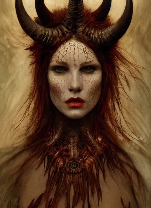 Image similar to half demon half human intricate skin hairy costume, elegant, peaceful, full body, horns, hyper realistic, extremely detailed, dnd character art portrait, fantasy art, intricate fantasy painting, dramatic lighting, vivid colors, deviant art, artstation, by edgar maxence and caravaggio and michael whelan and delacroix.