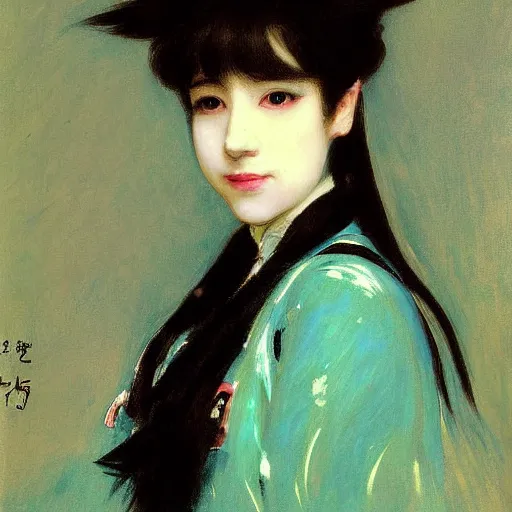 Prompt: painted portrait of miku hatsune, by john singer sargent