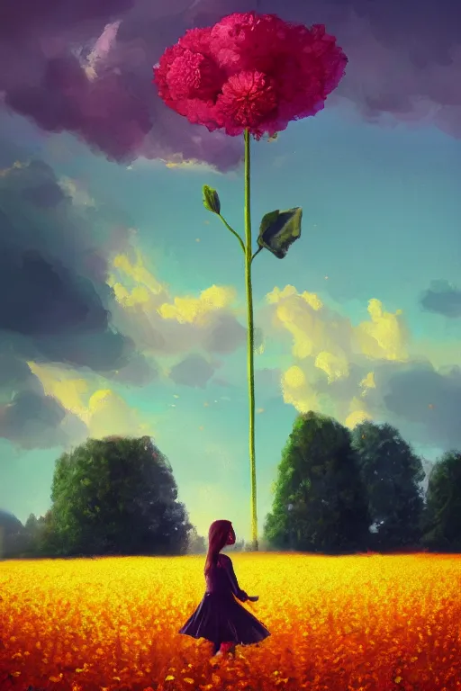 Image similar to giant flower head, girl walking in a flower field, surreal photography, sunrise, dramatic light, impressionist painting, colorful clouds, digital painting, artstation, simon stalenhag