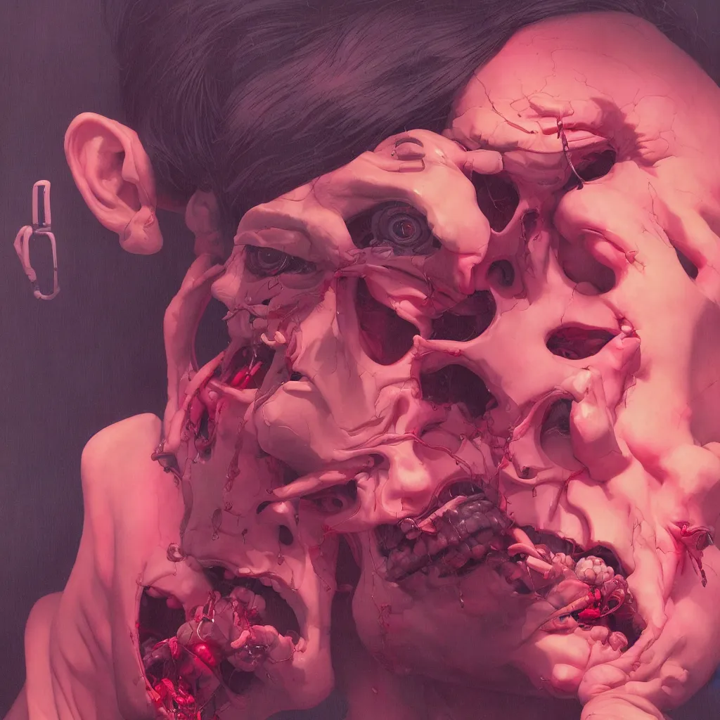 Image similar to weird and disturbing portrait of todd solondz puking blood, skull, vivid colors, neon, art by ( ( ( kuvshinov ilya ) ) ) and wayne barlowe and francis bacon and artgerm and wlop and william - adolphe bouguereau