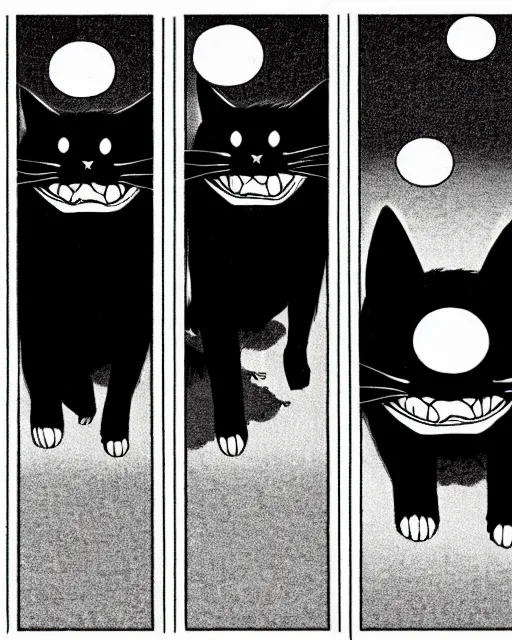 Prompt: three panels from junji ito's 'story of a black cat', full width, action shot, first person, manga