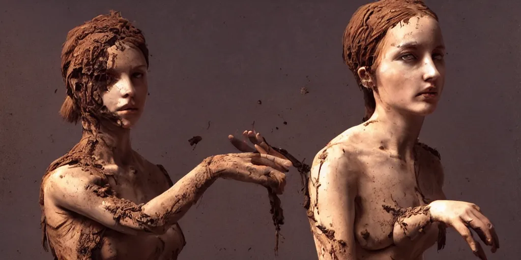 Image similar to highly detailed photography of a woman made of rust clay, dressed in rocks, hand gesture, sharp focus, dust particles, dirt, dramatic scene, aesthetic, dynamic lighting, elegant, harmony, masterpiece, by roberto ferri, blue background, high quality, spatula