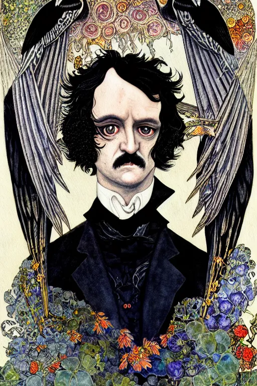 Image similar to realistic portrait of edgar allen poe in the center of an ornate black floral and black wings frame, detailed art by kay nielsen and walter crane, illustration style, watercolor