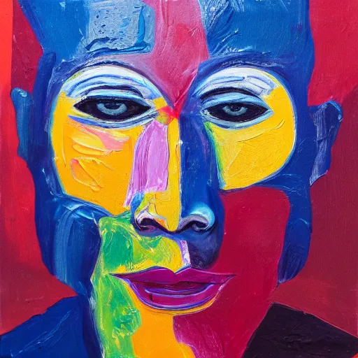 Prompt: an abstract oil painting of a human face, bright colors, museum scan