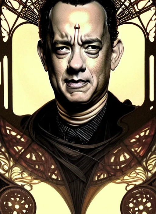 Image similar to portrait of tom hanks, volumetric lights, feast, music notes, art nouveau botanicals, gothic, intricate, highly detailed, digital painting, artstation, concept art, smooth, sharp focus, symmetric face, illustration, steampunk, art by artgerm and greg rutkowski and alphonse mucha