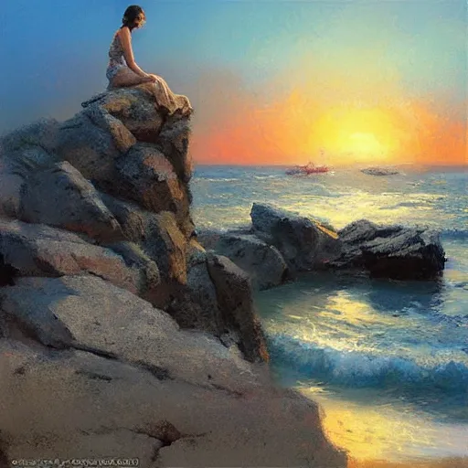 Prompt: she is a goddess, she is on a rock by the sea at sunset, art by craig mullins