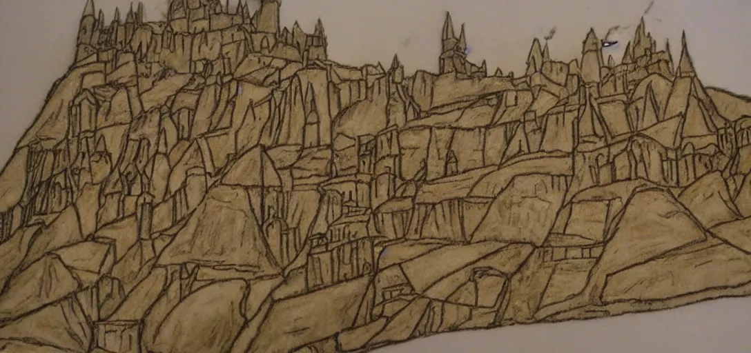 Prompt: Minas Tirith poorly drawn in wax crayon by a five-year old