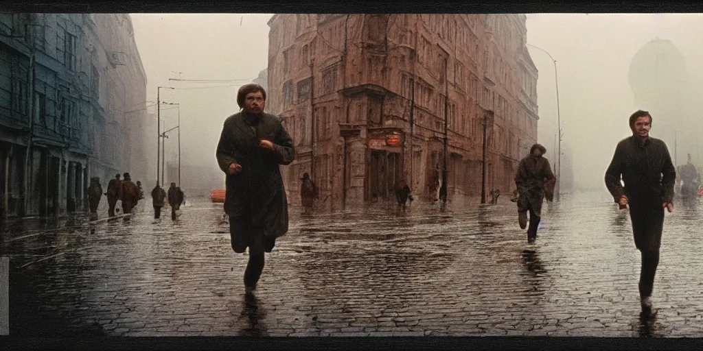 Prompt: detailed medium format photo, polaroid still from tarkovsky movie, people running on wet street by buildings in city, haze, high production value, intricate details, 8 k resolution, hyperrealistic, hdr, photorealistic, high definition, technicolor, award - winning photography, masterpiece, amazing colors