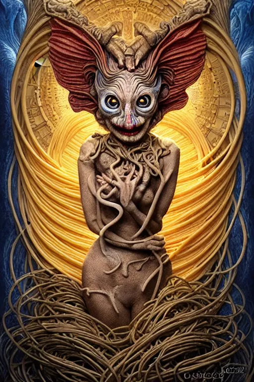 Prompt: A beautiful detailed grotesque creature made of pasta super cute tarot card, by tomasz alen kopera and Justin Gerard, symmetrical features, ominous, magical realism, texture, intricate, ornate, royally decorated, whirling smoke, embers, red adornements, blue torn fabric, radiant colors, fantasy, trending on artstation, volumetric lighting, micro details, 3d sculpture, ray tracing, 8k, anaglyph effect, digital art