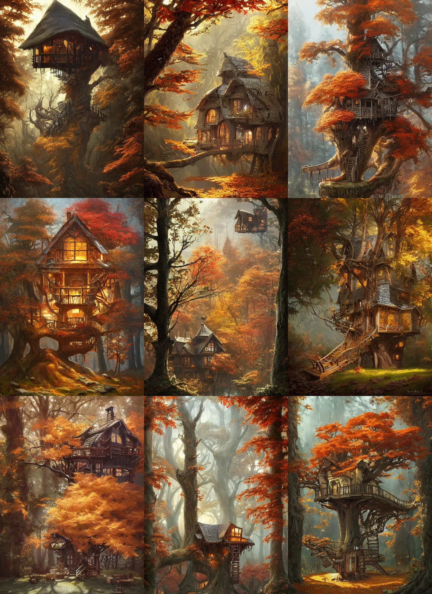 Prompt: autumnal treehouse living room, interior design, interior, d & d, fantasy, portrait, highly detailed, digital painting, trending on artstation, concept art, sharp focus, illustration, art by artgerm and greg rutkowski and magali villeneuve