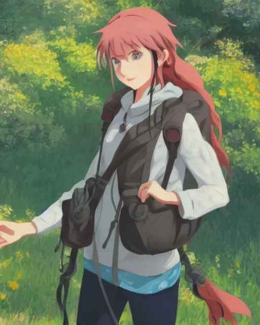 Image similar to a full shot of a teenage girl on a hike, moe, kawaii, pretty, lovely, detailed face, digital art by makoto shinkai and claude monet