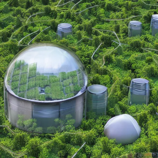 Prompt: vertical farm domes next to sci - fi nuclear cuboid glass containment building in a steep sided valley with trees, a sense of hope and optimism, hyper realistic, high res, 4 k, stark light, edouard groult, bynde, kirill leonov, isaac zuren