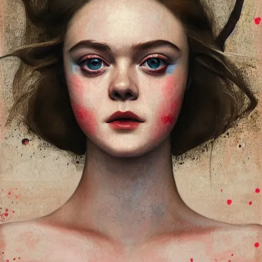 Image similar to professional painting of Elle Fanning on the beach in the style of Conrad Roset and Dino Valls and Hikari Shimoda, head and shoulders portrait, symmetrical facial features, smooth, sharp focus, illustration, intricate, stormy weather, extremely detailed masterpiece,