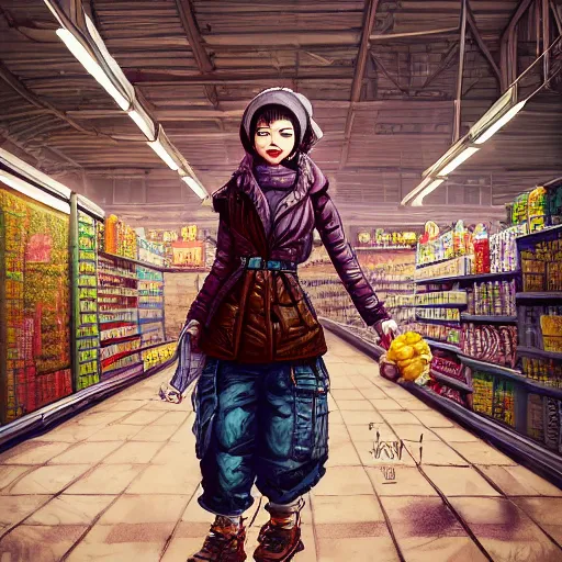 Prompt: the portrait a grocery young asia woman in down jacket, the background is a grocery store, winter, rural northeast an ultrafine hyperdetailed illustration by kim jung gi, irakli nadar, intricate linework, bright colors, octopath traveler, final fantasy, unreal engine 5 highly rendered, global illumination, radiant light, detailed and intricate environment