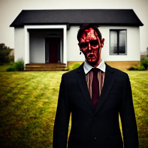 Prompt: man in strict suit, one man, an indifferent face, house on background, bloody knife, blood on body, full body, little fog, evening, extremely detailed, sharp focus, professional photographer, professional model, minimalism, real life