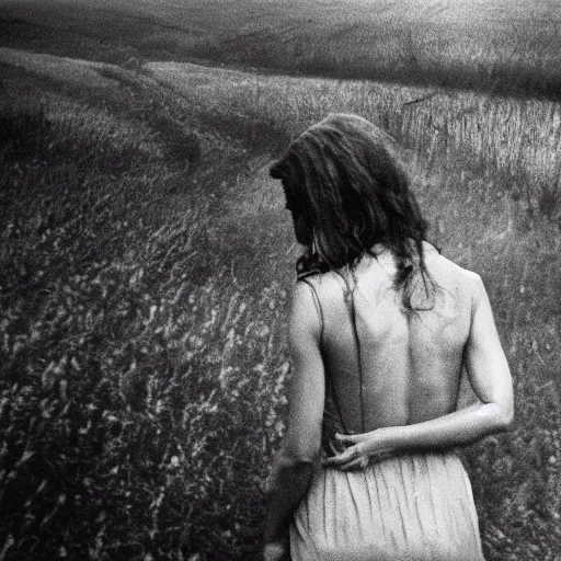 Image similar to a closeup of a woman's back in a countryside, Andrei Tarkovsky film style, photography, 1970s