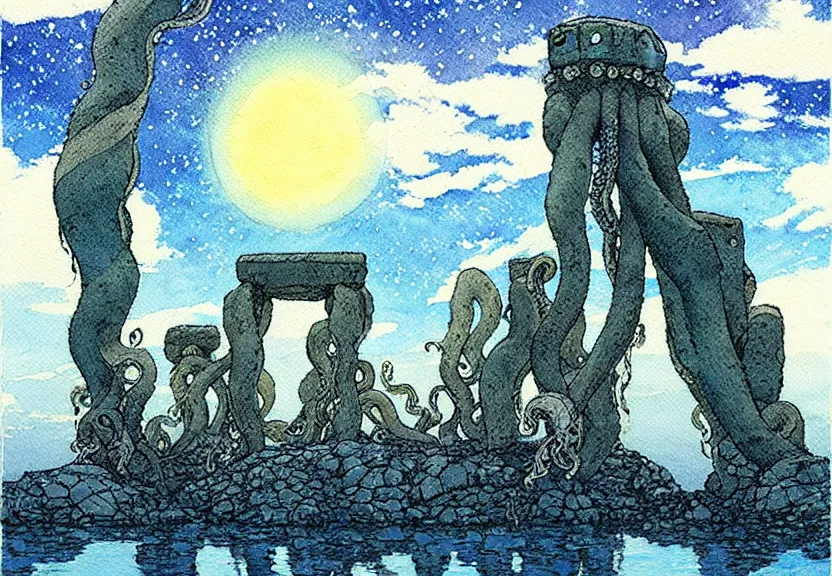 Prompt: a simple watercolor studio ghibli movie still fantasy concept art of stonehenge at the bottom of the ocean. a giant octopus from princess mononoke ( 1 9 9 7 ) is holding large stones. it is a misty starry night. by rebecca guay, michael kaluta, charles vess