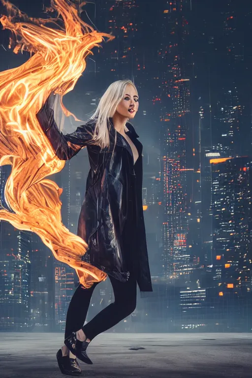 Image similar to young blonde woman with flames dancing on her hands with a long jacket in a cyberpunk city, realistic, high definition, 4K, shimmering color, epic digital art