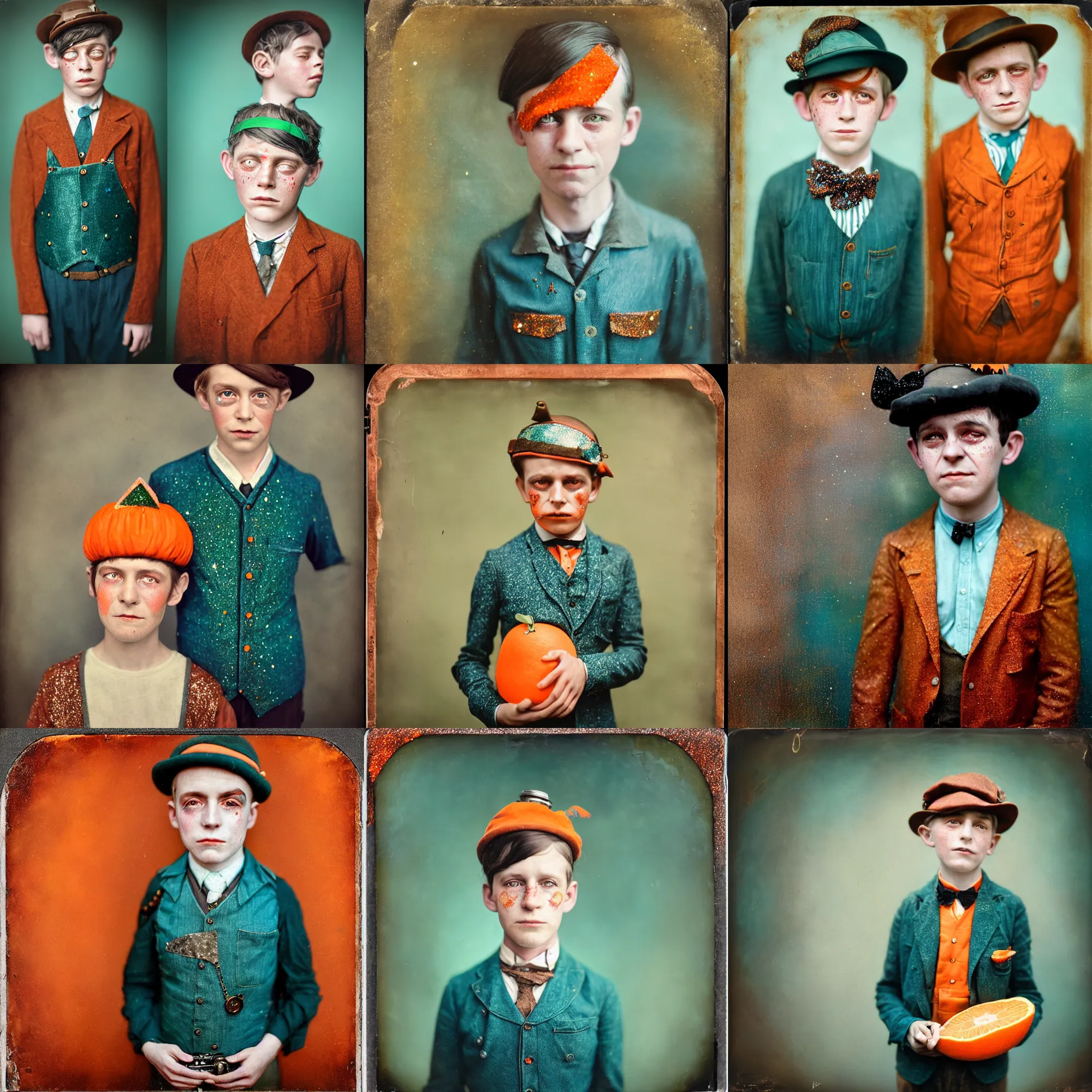 Prompt: kodak portra 4 0 0, wetplate, beautiful realistic character portrait photo of a sad crying 8 year old steampunk boy hero in the 1 9 2 0 s, wearing a melon, 1 9 2 0 s cloth hair, coloured in teal and orange, muted colours, by britt marling, glitter storm