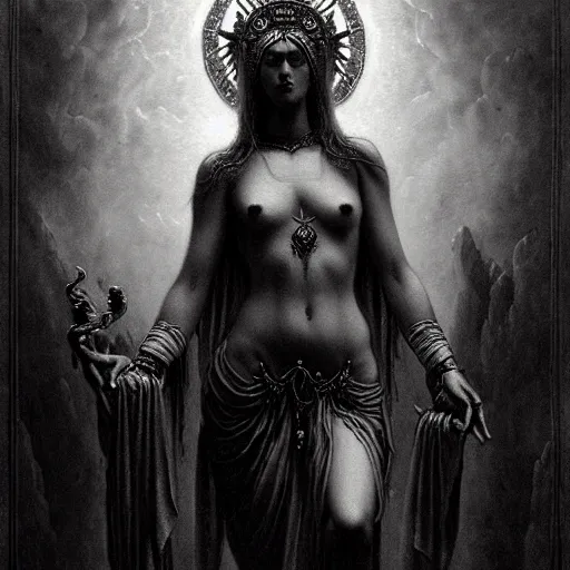 Prompt: marana slavic goddess with six arms : by gustave dore and greg rutkowski and wlop, mystic high contrast monochromatic noir