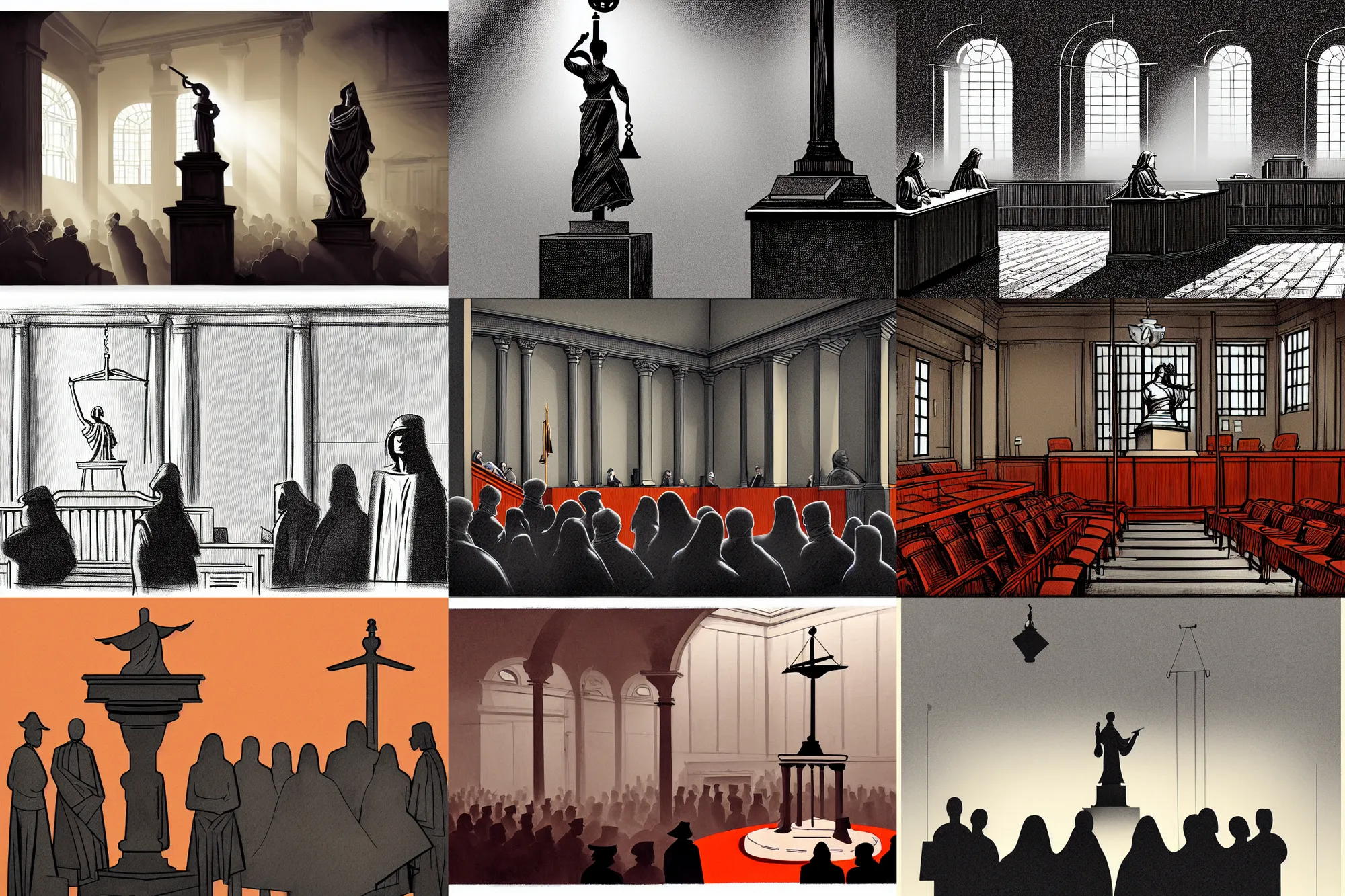 Prompt: editorial illustration by mads berg and karolis strautniekas an, illustrated ( ( lady justice statue ) ) in a busy court room interior, many people, low fog, fine texture, detailed, hdr, muted color, dramatic lighting, dynamic composition, vivid, matte print, wide angle, ( ( sunbeams ) ), ( ( orange red blue beige ) )