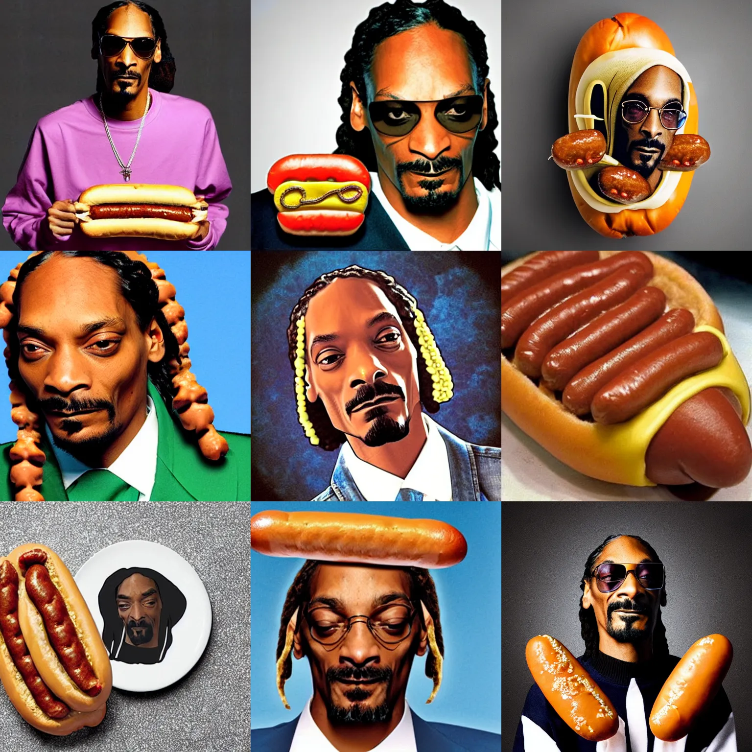 Prompt: snoop dogg's face on a hot dog sausage,