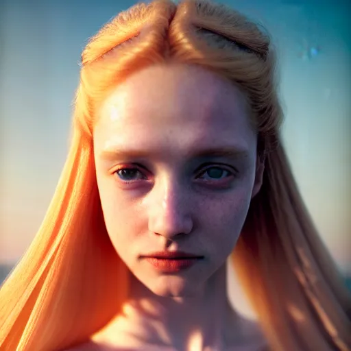 Image similar to photographic portrait of a stunningly beautiful english renaissance female in soft dreamy light at sunset, beside the sea, fire glow, soft focus, contemporary fashion shoot, in a denis villeneuve and tim burton movie, by edward robert hughes, annie leibovitz and steve mccurry, david lazar, jimmy nelsson, extremely detailed, breathtaking, hyperrealistic, perfect face, octane render