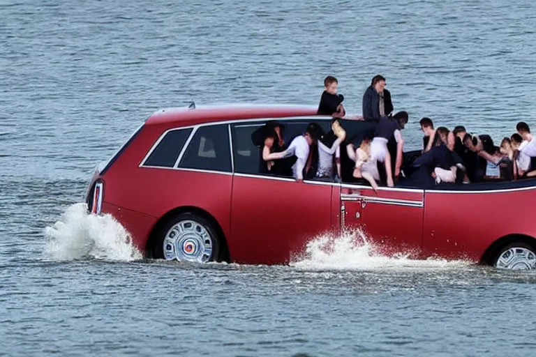 Image similar to Teenagers push Rolls-Royce into lake with their hands from a small slide wanting to drown him