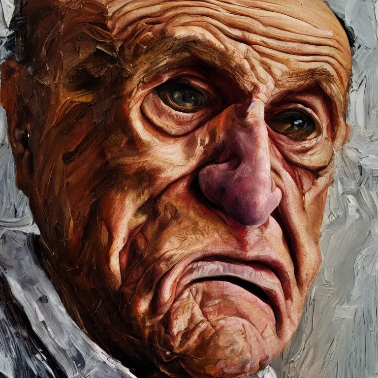 Prompt: warmly lit close up studio portrait of aging angry!! old Rudy Giuliani age 115 wrinkled furious, impasto oil painting thick brushstrokes by Lucian Freud and Cy Twombly and Tim Hawkinson , trending on artstation dramatic lighting Expressionism