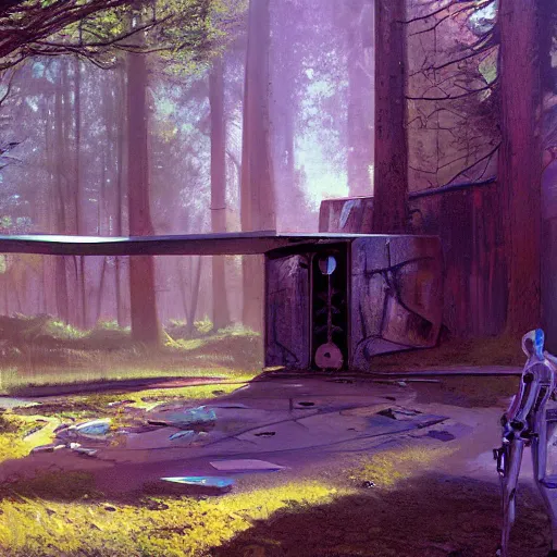 Image similar to derelict portal in a middle of a futuristic forest, world seen only through a portal, daylight, cinematic lighting, blue sky, syd mead, john harris